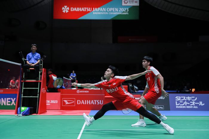 Ganda putra Indonesia, Leo Rolly Carnando/Daniel Marthin saat tampil pada babak pertama Japan Open 2023 di Yoyogi 1st Gymnasium, Tokyo, Jepang, Rabu (26/7/2023).