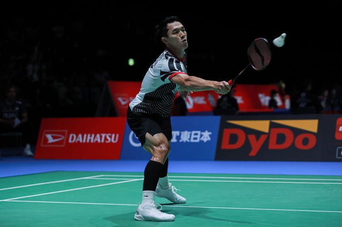 Aksi tunggal putra Indonesia, Jonatan Christie pada babak perempat final Japan Open 2023, Jumat (28/7/2023)