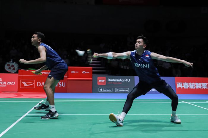 Pasangan ganda putra Indonesia, Fajar Alfian/Muhammad Rian Ardianto saat beraksi pada perempat final Japan Open 2023 di Yoyogi 1st Gymnasium, Tokyo, Jepang, Jumat (28/7/2023)