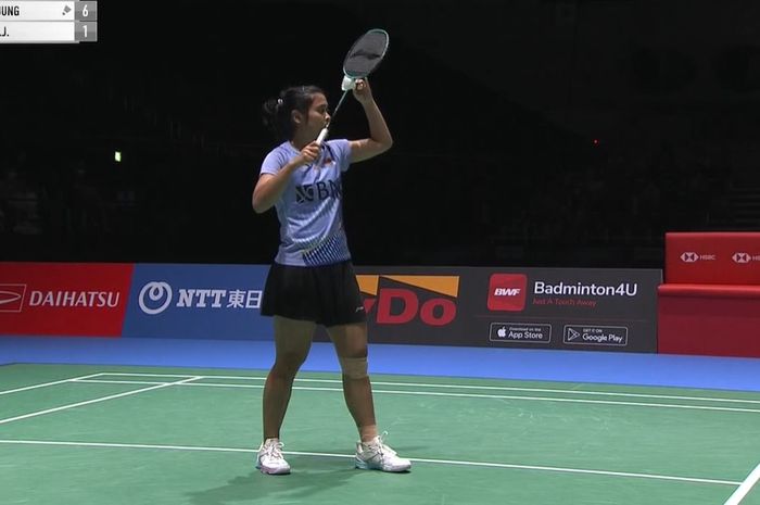 Tunggal putri Indonesia, Gregoria Mariska Tunjung,beraksi pada semifinal Japan Open 2023, di Yoyogi 1st Gymnasium, Tokyo, Jepang, Sabtu (29/7/2023)