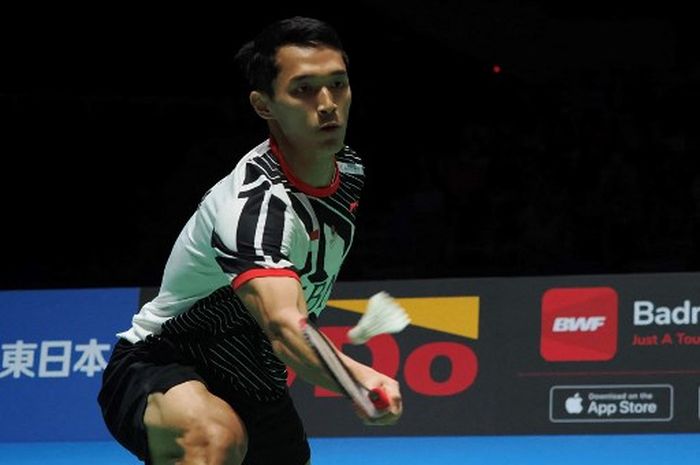 Pebulu tangkis tunggal putra Indonesia, Jonatan Christie,  pada final Japan Open 2023 di Yoyogi National Gymnasium, Minggu (30/7/2023).