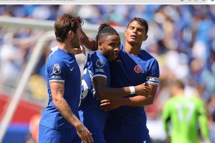 Christopher Nkunku merayakan gol untuk Chelsea ke gawang Fulham dalam laga uji coba di Stadion FedEx Field, Minggu (30/7/2023).