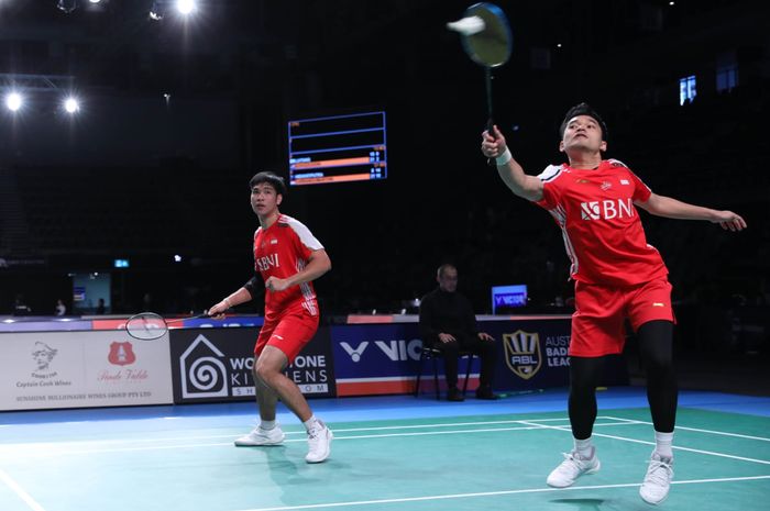 Pasangan ganda putra Indonesia, Leo Rolly Carnando/Daniel Marthin, pada babak pertama Australian Open 2023 di Quaycentre, Sydney, Selasa (1/8/2023).