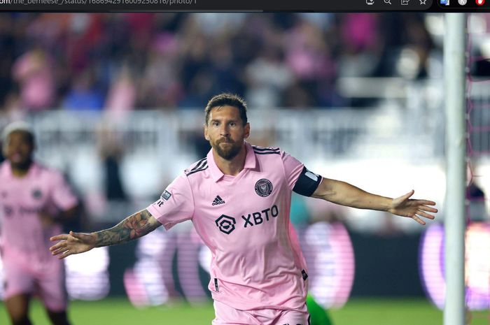 Lionel Messi merayakan gol untuk Inter Miami ke gawang Orlando City dalam laga babak 32 besar Leagues Cup di Stadion DRV PNK pada Kamis (3/8/2023) pagi hari WIB.