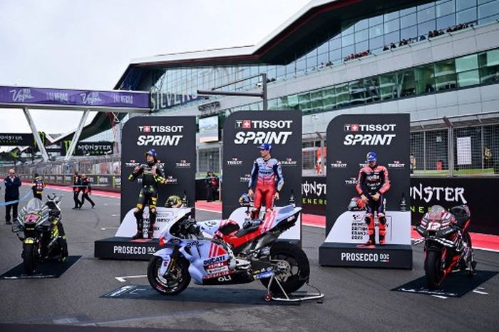 Podium balapan sprint MotoGP Inggris 2023 di Sirkuit Silverstone, Sabtu (5/8/2023).