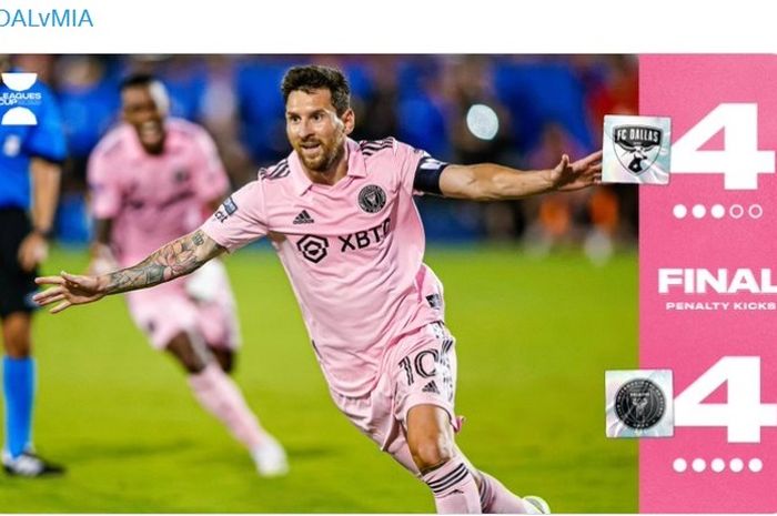 Lionel Messi merayakan golnya ke gawang Dallas dalam Leagues Cup 2023.