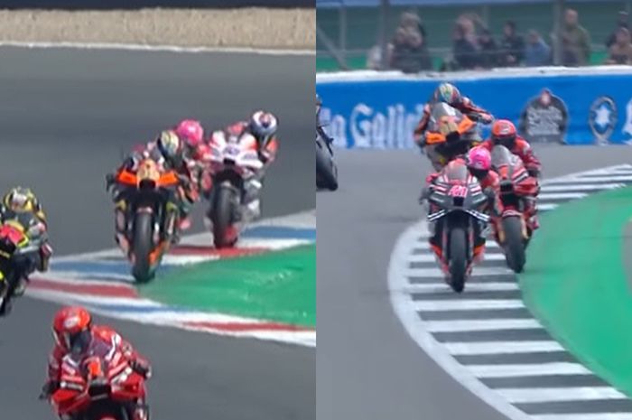 Perbandingan potensi pelanggaran batas lintasan antara Brad Binder saat MotoGP Belanda (kiri) dan Francesco Bagnaia saat MotoGP Inggris (kanan). Binder akhirnya dihukum sedangkan Bagnaia tidak.