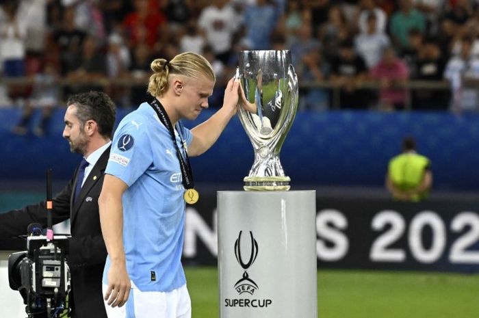 Erling Haaland dalam laga Piala Super Eropa 2023 antara Manchester City dan Sevilla.