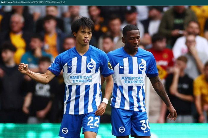 Winger Brighton asal Jepang, Kaoru Mitoma, mencetak satu gol dan satu assist dalam kemenangan 4-1 atas Wolverhampton Wanderers pada pekan kedua Liga Inggris 2023-2024, Sabtu (19/8/2023) malam WIB.