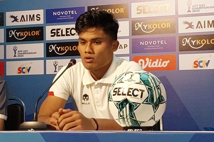 Ramadhan Sananta dalam konferensi pers pasca-laga timnas U-23 Indonesia Vs Timor Leste di Rayong Provincial Stadium, Minggu (20/8/2023).