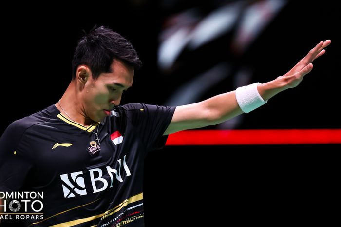 Tunggal putra Indonesia, Jonatan Christie, saat tampil di babak 64 besar Kejuaraan Dunia 2023, di Royal Arena, Kopenhagen, Denmark, Senin (21/8/2023).