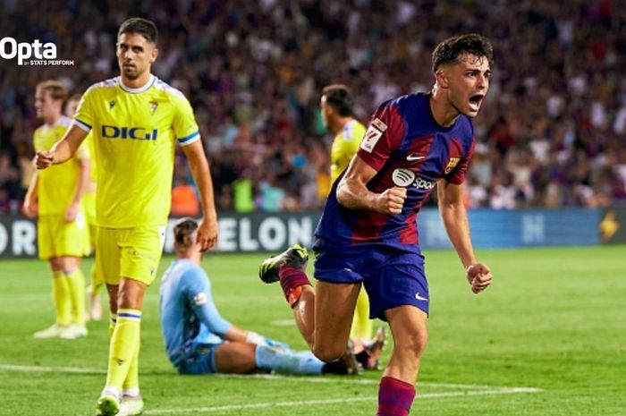 Pedri merayakan gol untuk Barcelona ke gawang Cadiz pada jornada 2 Liga Spanyol 2023-2024.