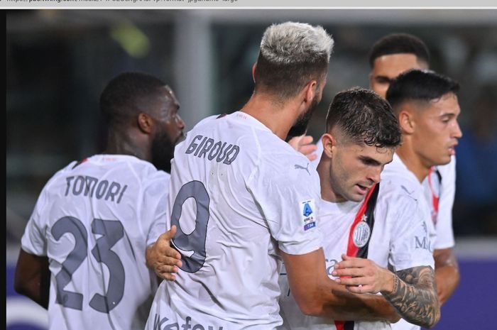 Christian Pulisic dan Olivier Giroud cetak gol dalam kemenangan AC Milan atas Bologna pada pekan pertama Liga Italia di Renato Dall'Ara (21/8/2023).