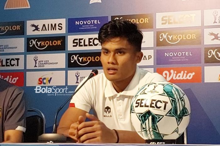 Ramadhan Sananta dalam konferensi pers pasca-laga timnas U-23 Indonesia Vs Timor Leste di Rayong Provincial Stadium, Minggu (20/8/2023).