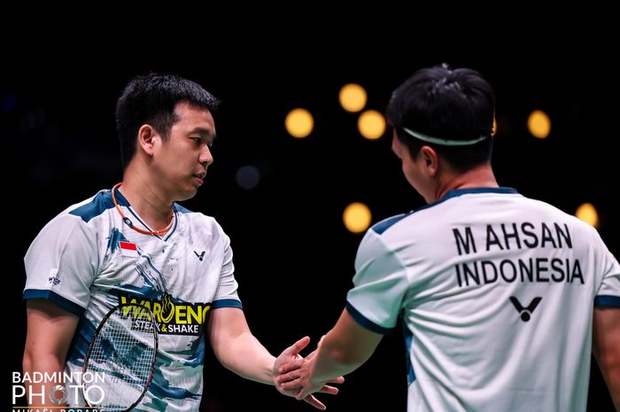 Ganda putra Indonesia, Mohammad Ahsan/Hendra Setiawan pada babak kedua Kejuaraan Dunia 2023 di Royal Arena, Kopenhagen, Denmark, 23 Agustus 2023.