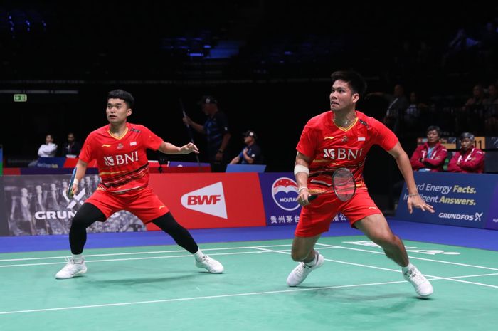 Pasangan ganda putra Indonesia, Leo Rolly Carnando/Daniel Marthin, pada babak 32 besar Kejuaraan Dunia 2023 di Royal Arena, Kopenhagen, Denmark,  Rabu (23/8/2023).