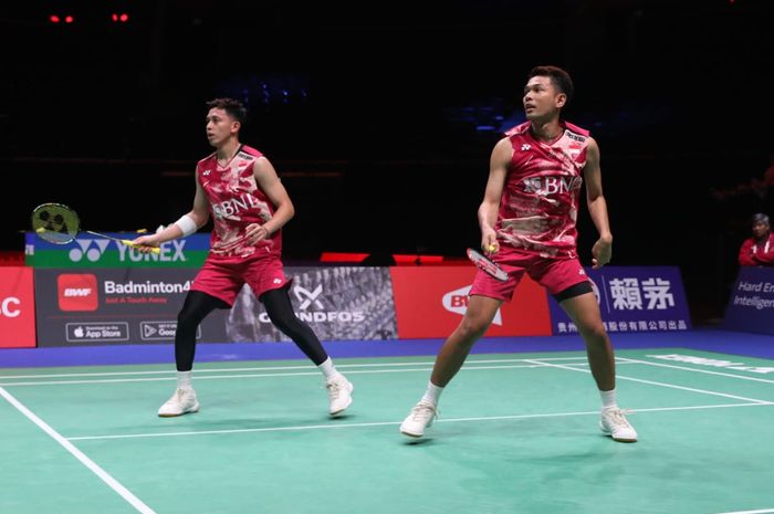 Pasangan ganda putra Indonesia, Fajar Alfian/Muhammad Rian Ardianto, pada babak 32 besar Kejuaraan Dunia 2023 di Royal Arena, Kopenhagen, Denmark, Rabu (23/8/2023).