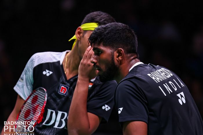 Ganda putra nomor satu India, Satwiksairaj Rankireddy/Chirag Shetty saat berhadapan dengan Leo Rolly Carnando/Daniel Marthin pada 16 besar Kejuaraan Dunia 2023, di Royal Arena, Kopenhagen, Denmark, Kamis (24/8/2023)