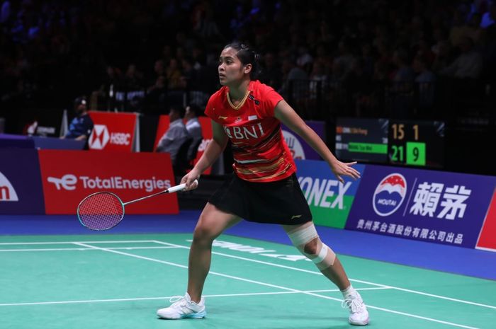 Pebulu tangkis tunggal putri Indonesia, Gregoria Mariska Tunjung, pada babak 16 besar Kejuaraan Dunia 2023 di Royal Arena, Kopenhagen, Denmark, Kamis (24/8/2023).