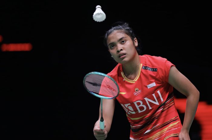 Pebulu tangkis tunggal putri Indonesia, Gregoria Mariska Tunjung, pada babal perempat final Kejuaraan Dunia 2023 di Royal Arena, Kopenhagen, Denmark, Jumat (25/8/2023).