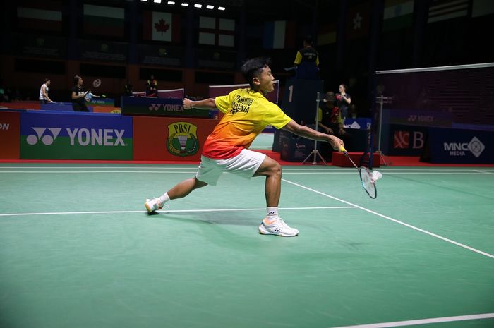 Prahdiska Bagas SHUJIWO  saat beraksi pada Xpora Indonesia International Challeng di GOR Bulutangkis Pancing Medan, Selasa, 29 Agustus 2023