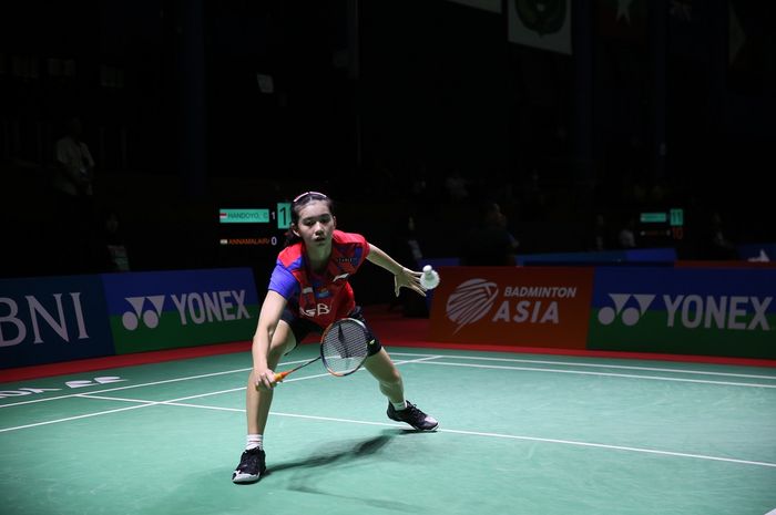 Chiara Marvella HANDOYO (INA) saat beraksi pada Xpora Indonesia International Challeng di GOR Bulutangkis Pancing Medan, Selasa, 29 Agustus 2023