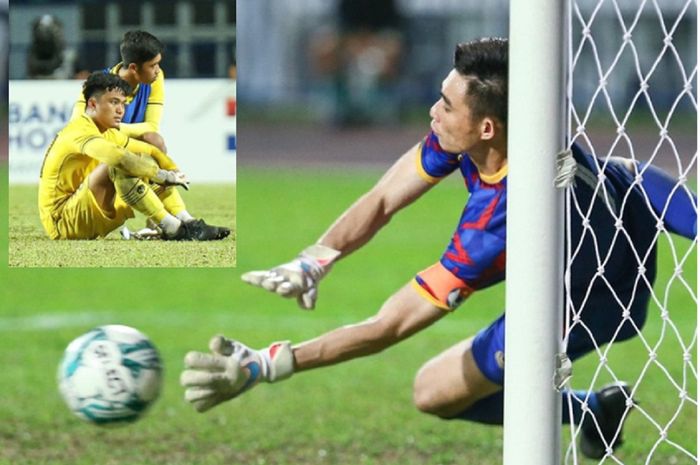 Kiper Timnas U-23 Indonesia Ernando Ari terduduk lesu (insert) setelah Quan Van Chuan menghentikan tendangan penaltinya dalam final Piala AFF U-23 2023 di Thailand, Sabtu (26/8/2023).