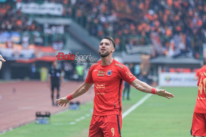 Marko Simic sedang melakukan selebrasi seusai mencetak gol dalam laga pekan ke-11 Liga 1 2023 antara Persija versus Persib di Stadion Patriot Candrabhaga, Bekasi, Jawa Barat, Sabtu (2/9/2023).