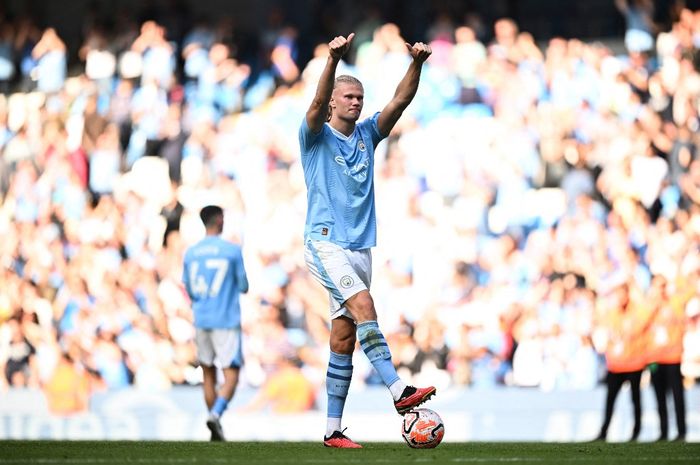 Erling Haaland merayakan gol yang dicetaknya saat Manchester City mengalahkan Fulham 5-1 pada pekan ke-4 Liga Inggris di Stadion Etihad, Sabtu (2/8/2023). 