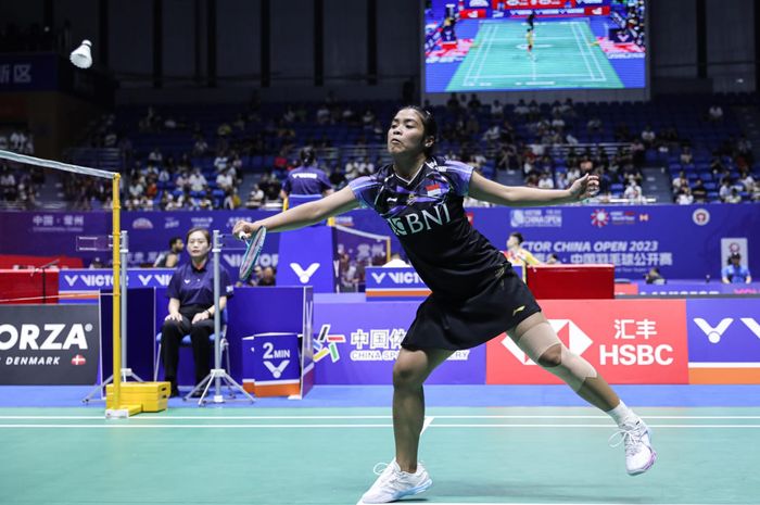 Pebulu tangkis tunggal putri Indonesia, Gregoria Mariska Tunjung, pada babak pertama China Open 2023 di Olympic Sports Center Gymnasium, Changzhou, China, Selasa (5/9/2023).