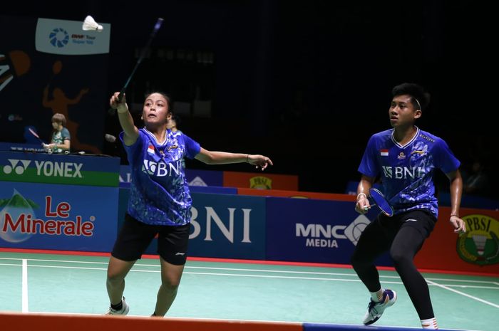 Pasangan ganda campuran Indonesia,Marwan Faza/Jessica Maya Rismawardani, pada perempat final Indonesia Masters 2023 Super 100 di GOR Pancing, Medan, Sumatera Utara, Jumat (8/9/2023).