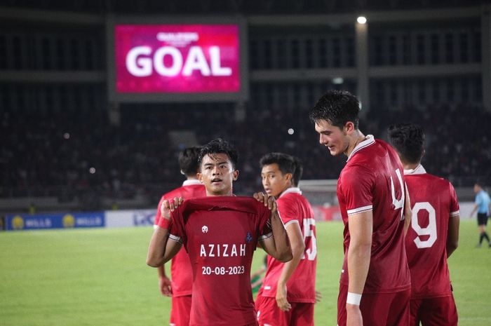 Selebrasi Pratama Arhan usai mencetak gol untuk timnas U-23 Indonesia di Kualifikasi Piala Asia U-23 2024.