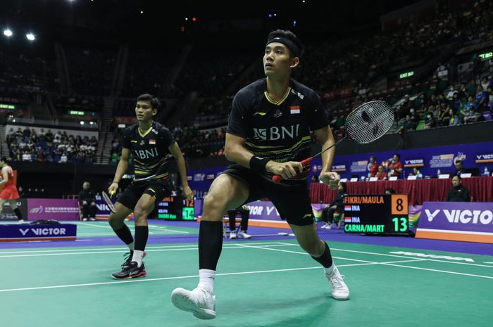 Aksi ganda putra Indonesia, Muhammad Shohibul Fikri/Bagas Maulana pada babak kedua Hong Kong Open 2023, Kamis (14/9/2023)