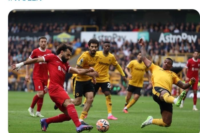 Winger Liverpool, Mohamed Salah, dalam laga pekan ke-5 Liga Inggris melawan Wolverhampton Wanderers di Stadion Molineux, Sabtu (16/9/2023).