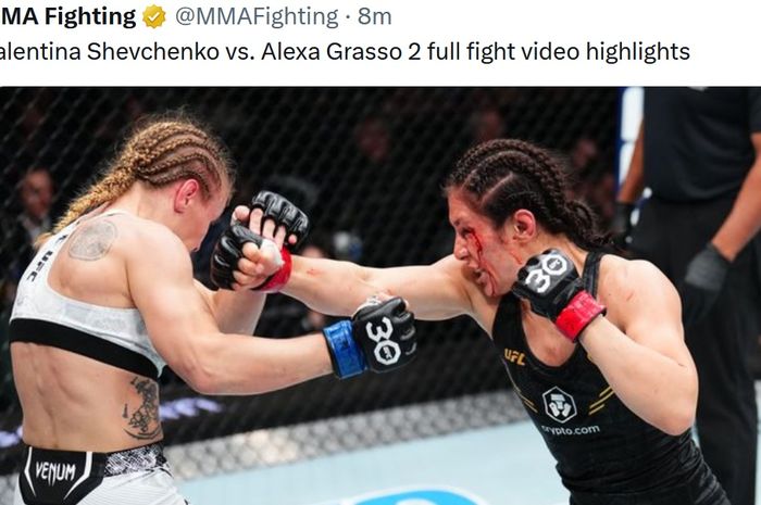 Alexa Grasso (kanan) mempertahankan gelar kelas terbang wanita setelah hasil split draw dengan Valentina Shevchenko (kiri) dalam Noche UFC di T-Mobile Arena, Nevada, Amerika Serikat, 16 September 2023.