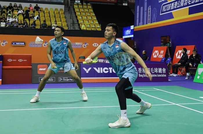 Pasangan ganda putra Indonesia, Fajar Alfian/Muhammad Rian Ardianto, pada babak kedua Hong Kong Open 2023 di Hong Kong Coliseum, Kamis (14/9/2023).