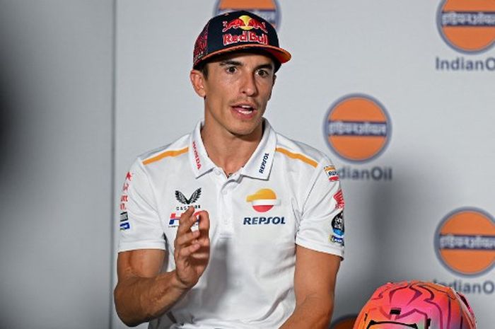 Pembalap Repsol Honda, Marc Marquez, berbicara pada konferensi pers menjelang MotoGP India 2023, Kamis (21/9/2023).