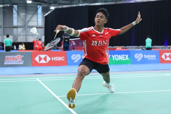 Pebulu tangkis tunggal putra Indonesia, Alwi Farhan, pada perempat final Suhandinata Cup 2023 melawan Prancis di The Podium Arena, Spokane, Washington, Amerika Serikat, Kamis (28/9/2023) waktu setempat.