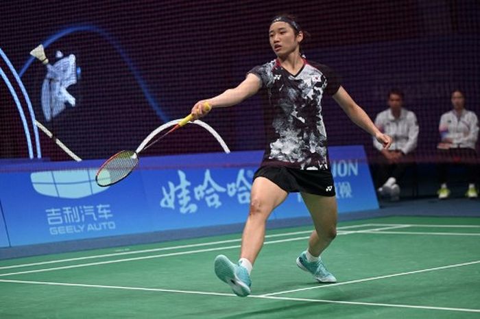 Pebulu tangkis tunggal putri Korea Selatan, An Se-young, pada partai pertama final nomor beregu putri Asian Games 2022 melawan China di Binjiang Gymnasium, Hangzhou, Minggu (1/10/2023)/