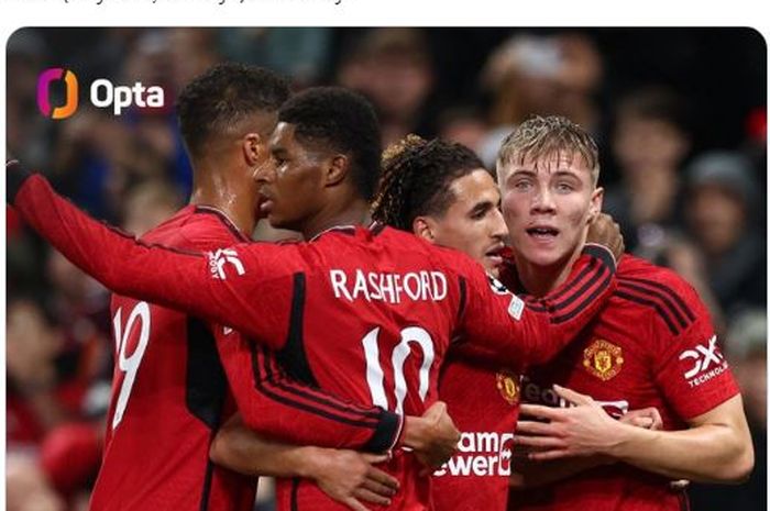 Bonber Man United, Rasmus Hojlund (paling kanan), bersama rekan-rekannya merayakan gol ke gawang Galatasaray di matchday kedua Grup A Liga Champions 2023-2024.