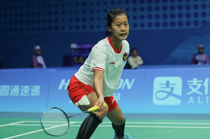 Pebulu tangkis tunggal putri Indonesia, Putri Kusuma Wardani, pada babak kedua Asian Games 2022 di Binjiang Gymnasium, Hangzhou, China, Rabu (4/10/2023).