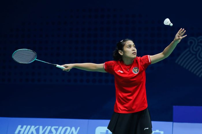 Pebulu tangkis tunggal putri Indonesia, Gregoria Mariska Tunjung, pada babak perempat final Asian Games 2022 di Binjiang Gymnasium, Hangzhou, China, Kamis (5/10/2023).