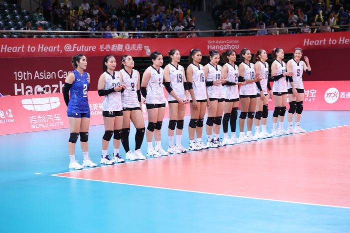 Tim voli putri Thailand meraih medali perunggu pada Asian Games 2022, Hangzhou, China, setelah mengalahkan Vietnam, 3-0.