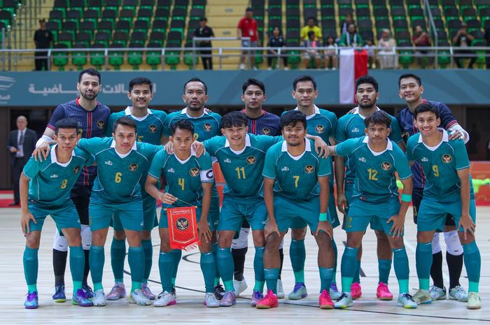 Skuad Timnas Indonesia saat jumpa Afghanistan pada ajang Kualifikasi Piala Asia Futsal 2024 di Sports Hall, Dammam,  Senin (9/10/2023)