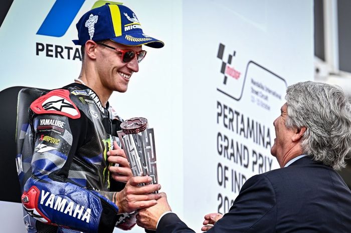 Pembalap Monster Energy Yamaha, Fabio Quartararo, finis ketiga pada balapan MotoGP Indonesia di Sirkuit Mandalika, Lombok, Nusa Tenggara Barat, 15 Oktober 2023,