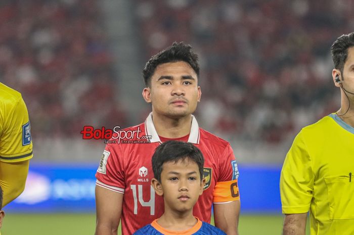 Bek sayap kanan timnas Indonesia, Asnawi Mangkualam Bahar, saat hadir di Stadion Utama Gelora Bung Karno, Senayan, Jakarta, Kamis (12/10/2023).