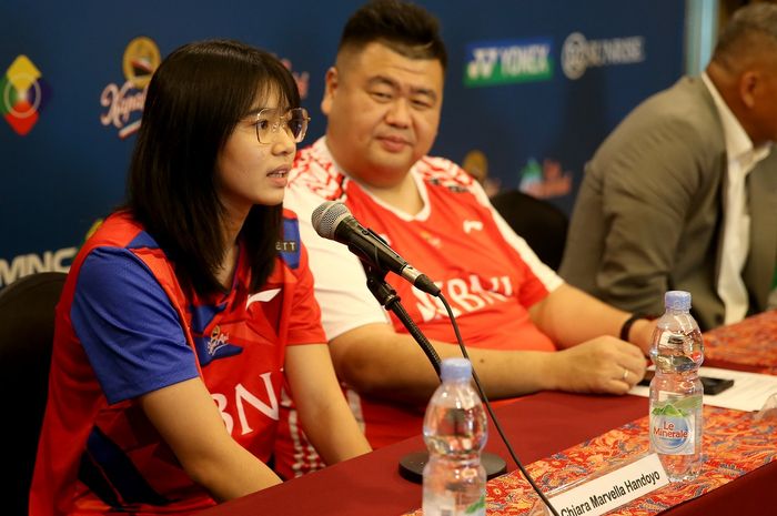 Chiara Marvella Handoyo Atlet Tunggal putri pada acara konferensi pers  Xpora Indonesia International Challenge 2023 di Hotel Alana Surabaya, Senin, 16/10/2023.