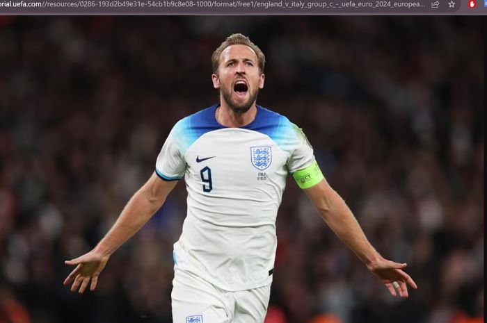 Penyerang timnas Inggris, Harry Kane, merayakan gol ke gawang timnas Italia dalam lanjutan Kualifikasi EURO 2024 di Stadion Wembley, Selasa (17/10/2023) waktu setempat.