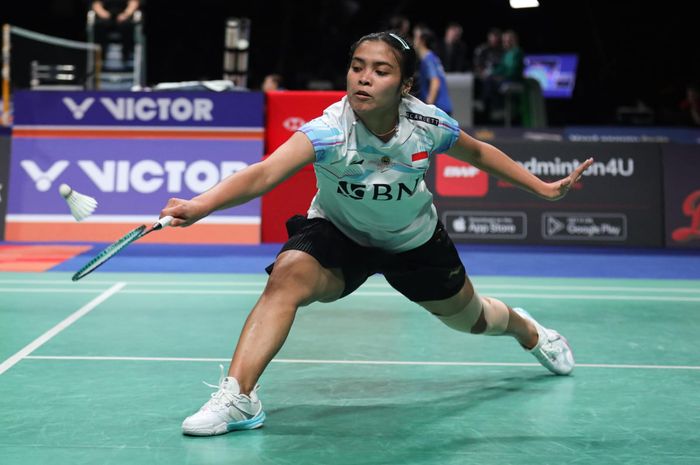 Pebulu tangkis tunggal putri Indonesia, Gregoria Mariska Tunjung, pada babak kedua Denmark Open 2023 di Jsyke Bank Arena, Odense, Denmark, Kamis (19/10/2023).