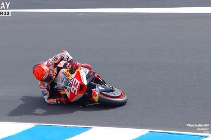 Pembalap Repsol Honda, Marc Marquez kembali mengalami crash di tikungan 10 Sirkuit Philip Island pada Practice MotoGP Australia 2023, Jumat (20/10/2023) siang WIB.